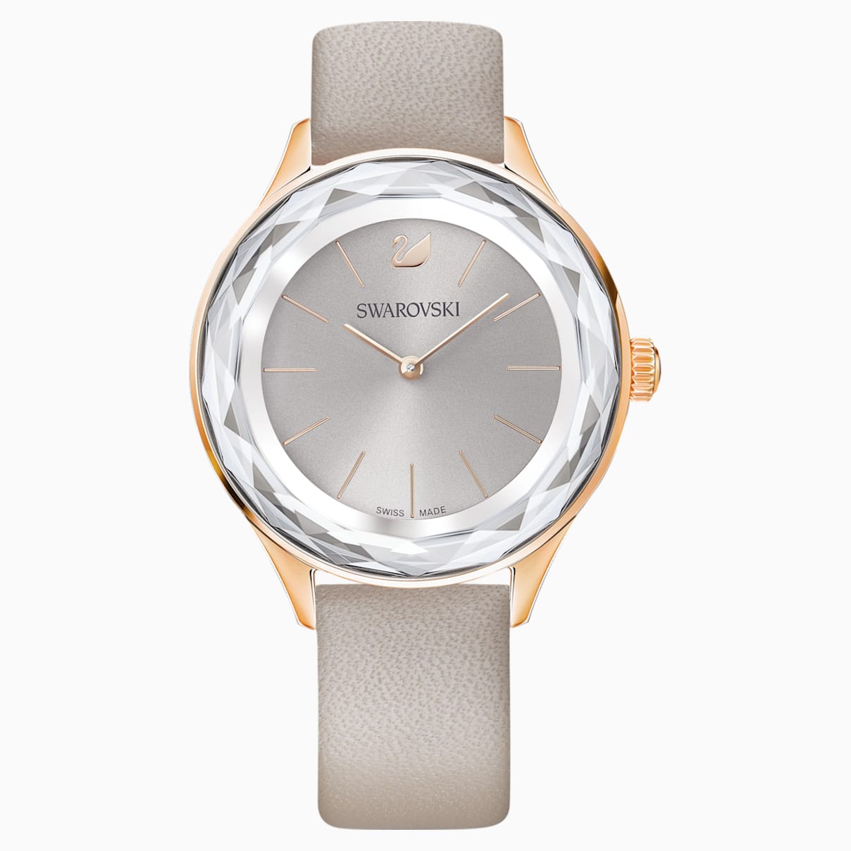 Swarovski Octea Nova Watch, Leather strap, Grey, Rose-gold tone PVD