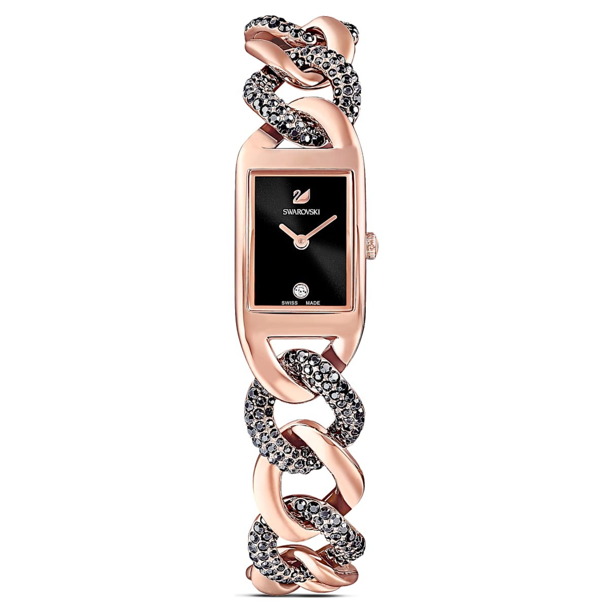 Swarovski Montre Cocktail, Fabriqué en Suisse, Pavé, Bracelet en métal, Noir, Finition or rose