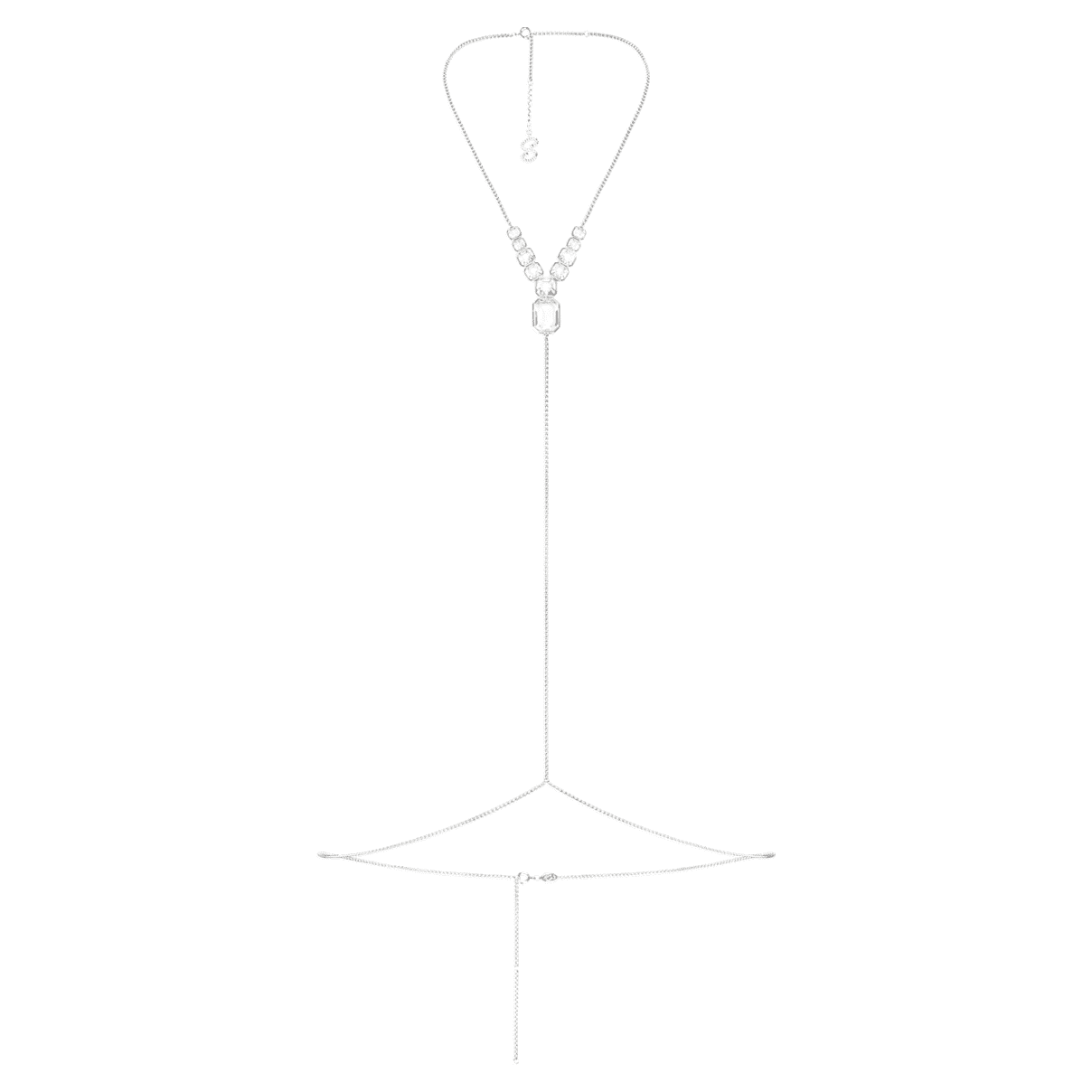 Swarovski x SKIMS body chain, Mixed cuts, Box chain, Y-shape, White, Stainless Steel
Swarovski x SKIMS body chain, Mixed cuts, Box chain, Y-shape, White, Stainless Steel