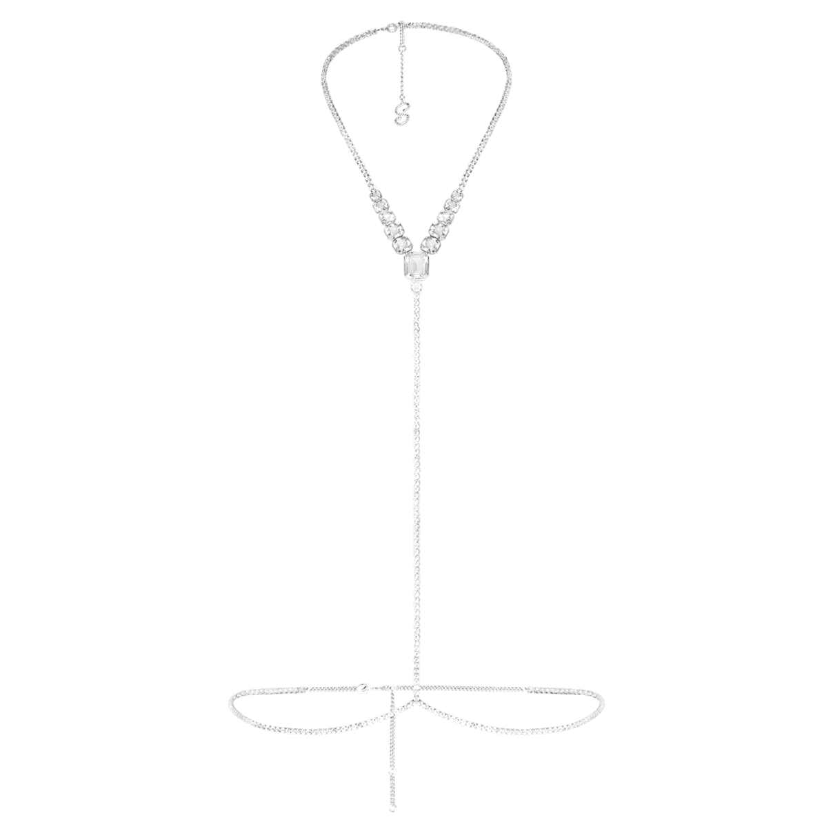 Swarovski x SKIMS body chain, Mixed cuts, Cupchain, Y-shape, White, Rhodium plated
Swarovski x SKIMS body chain, Mixed cuts, Cupchain, Y-shape, White, Rhodium plated
