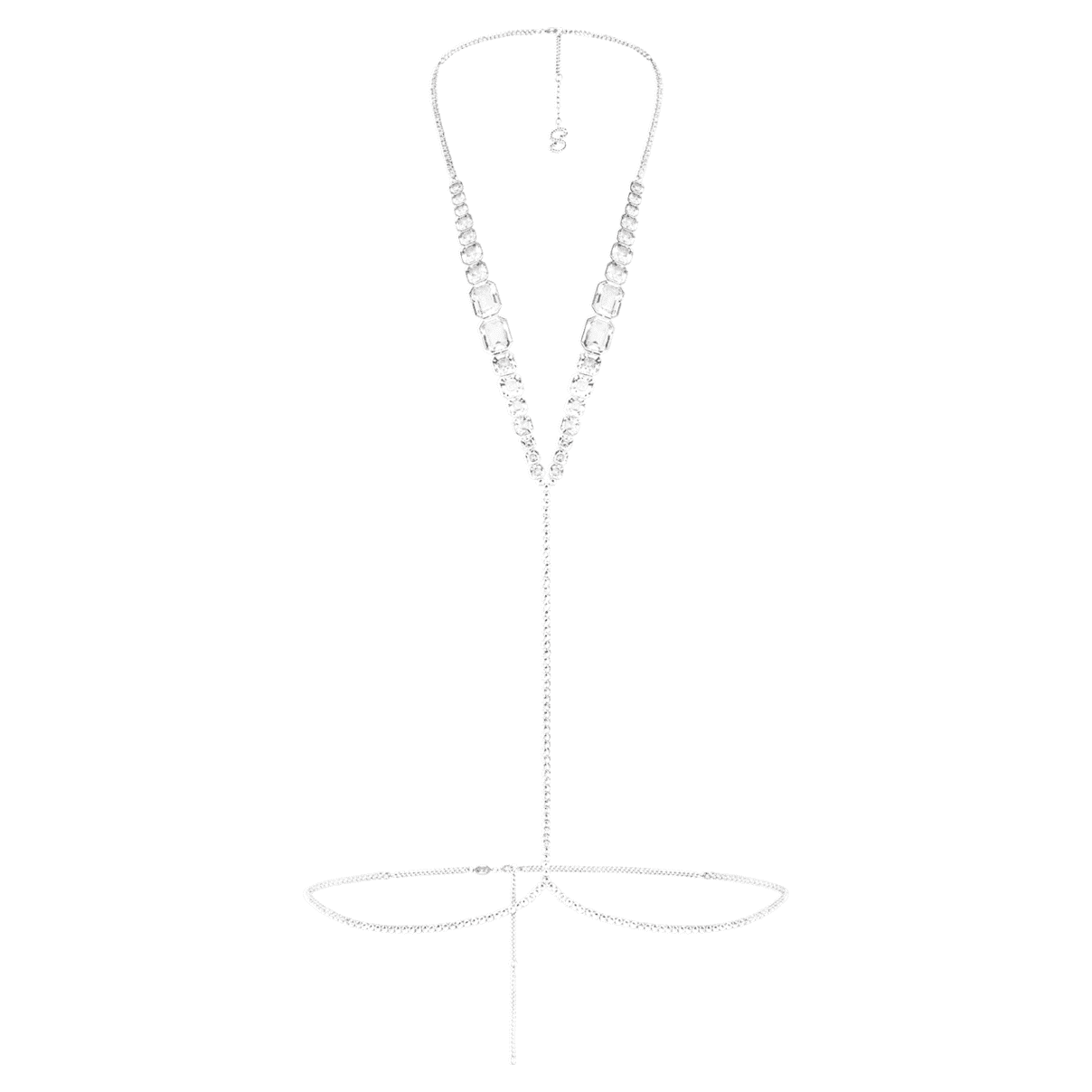 Swarovski x SKIMS body chain, Mixed cuts, Cupchain, V-shape, White, Rhodium plated
Swarovski x SKIMS body chain, Mixed cuts, Cupchain, V-shape, White, Rhodium plated