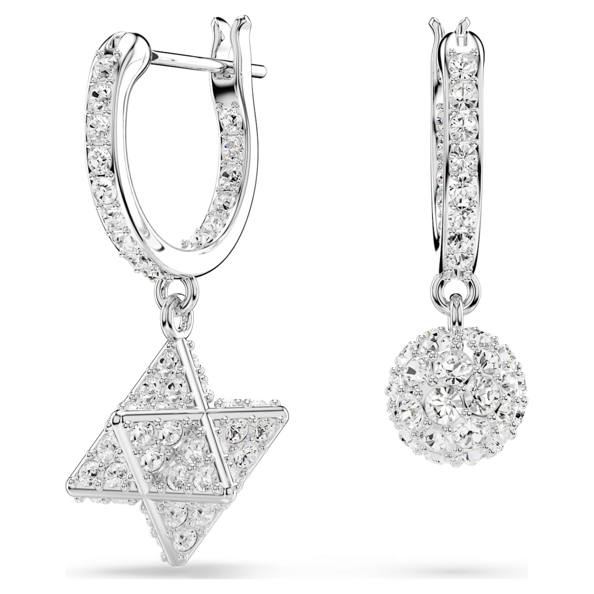 Dextera drop earrings, Asymmetrical design, Round cut, Star and sphere, White, Rhodium plated
Dextera drop earrings, Asymmetrical design, Round cut, Star and sphere, White, Rhodium plated