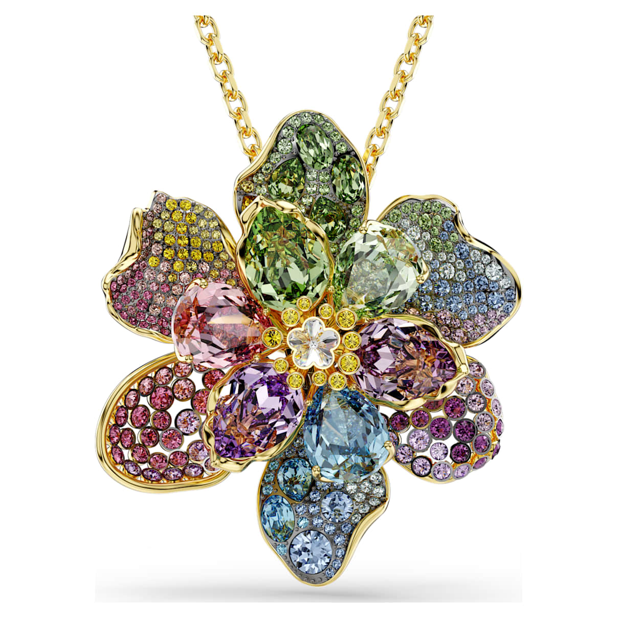Idyllia pendant and brooch, Mixed cuts, Pavé, Flower, Multicoloured, Gold-tone plated
Idyllia pendant and brooch, Mixed cuts, Pavé, Flower, Multicoloured, Gold-tone plated