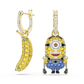 Długie kolczyki Minions Stuart and Banana, Oprawa brukowa, Mini, Różnokolorowe, Powłoka w odcieniu złota