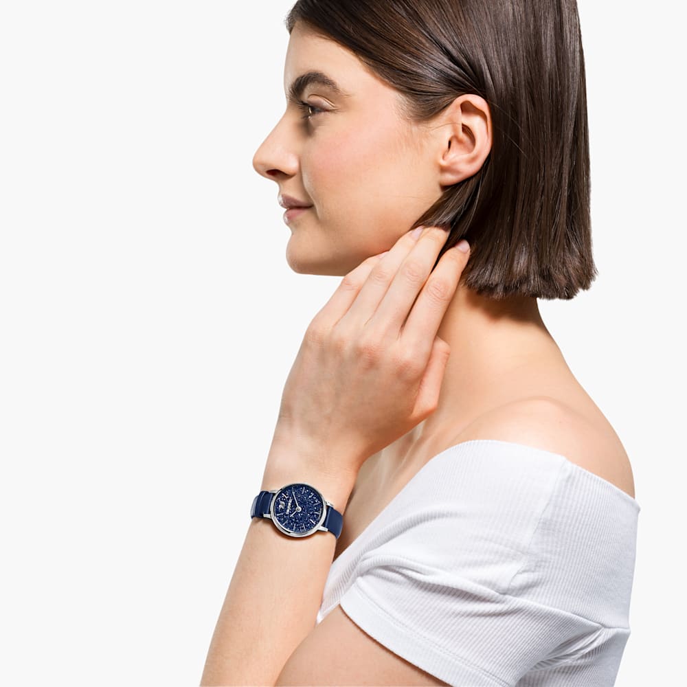 Swarovski Crystalline Joy watch, Leather strap, Blue, Stainless steel