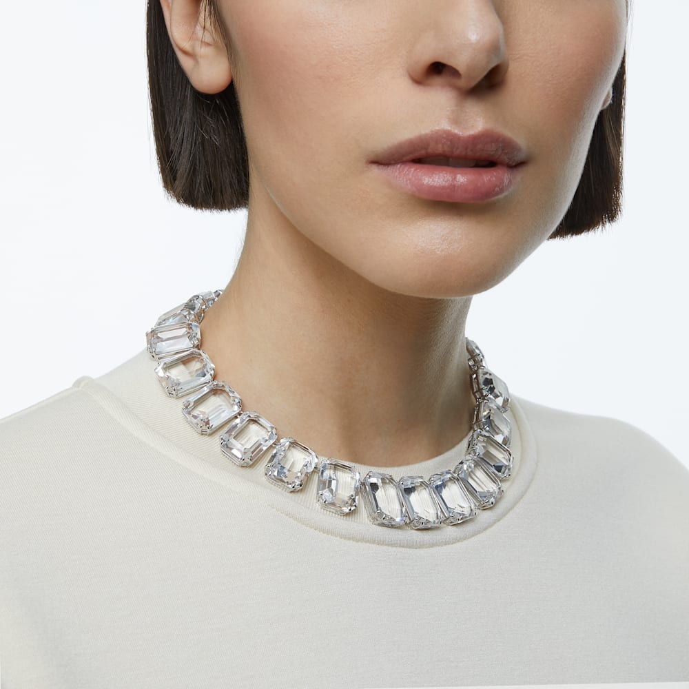Swarovski Millenia necklace, Oversized crystals, Octagon cut, White, Rhodium plated
