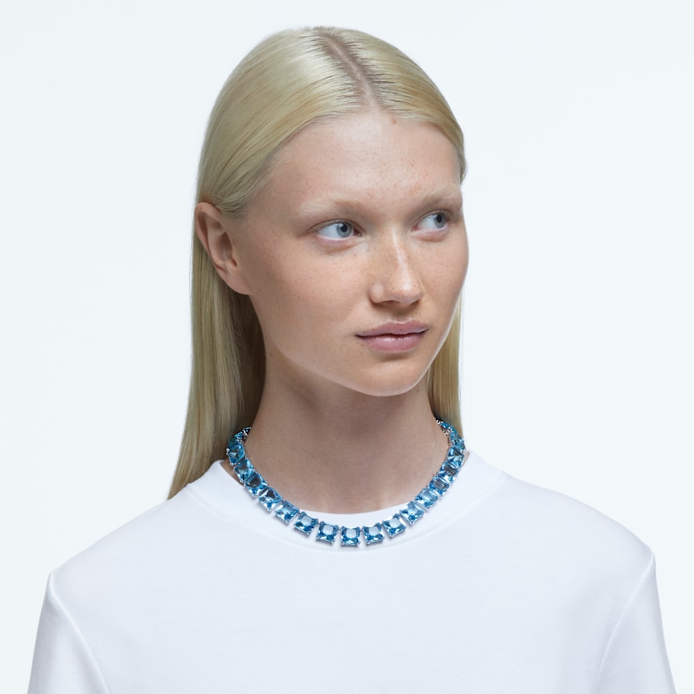 Swarovski Millenia necklace, Square cut, Blue, Rhodium plated