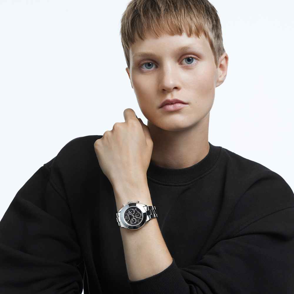 Octea Lux Sport watch, Swiss Made, Metal bracelet, Black, Stainless