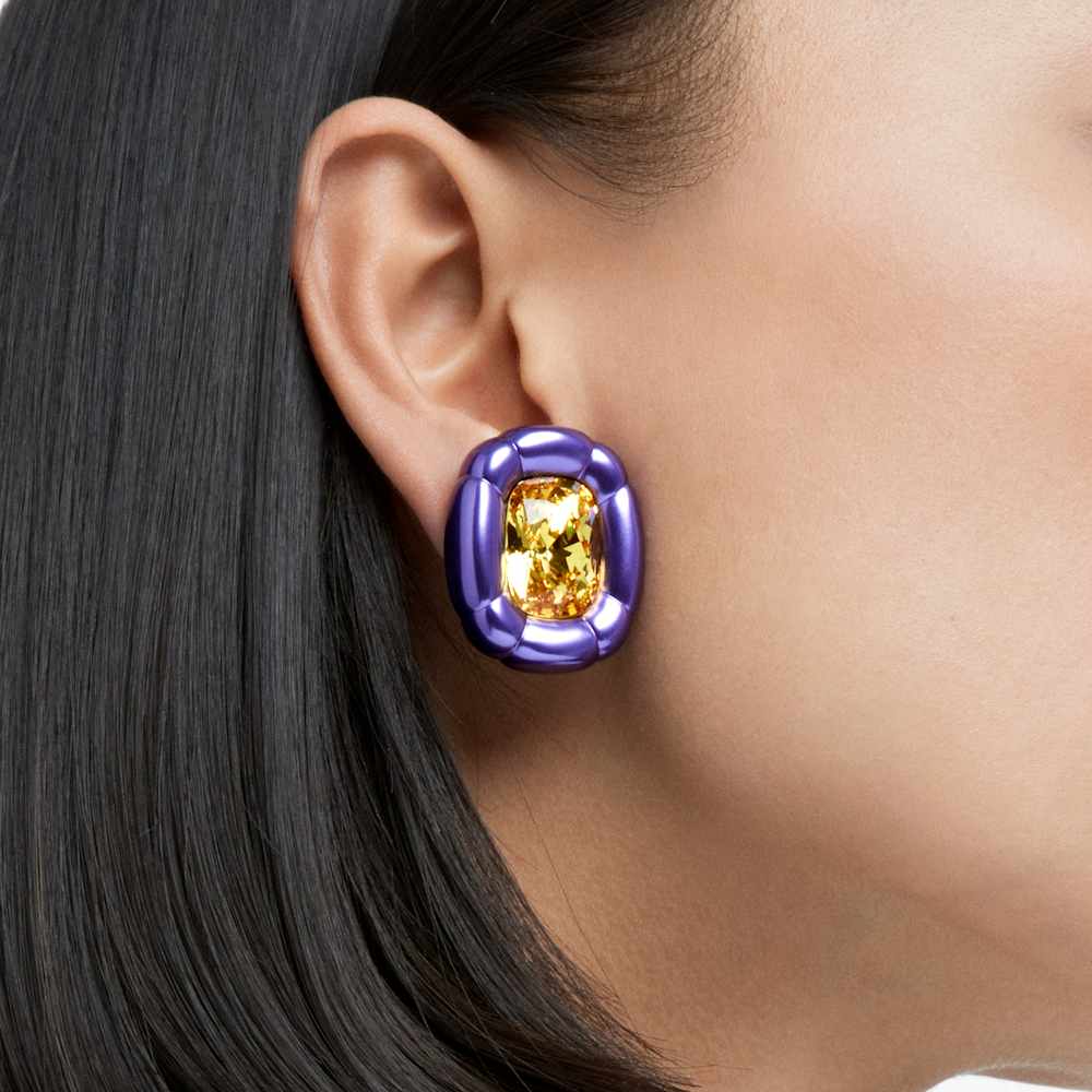 Dulcis clip earrings, Cushion cut, Purple Swarovski