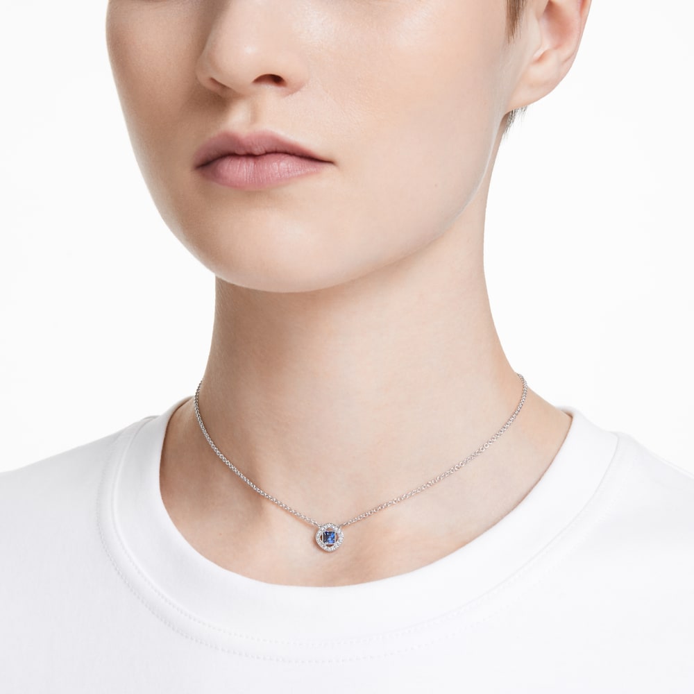Swarovski Angelic necklace, Square cut, Blue, Rhodium plated