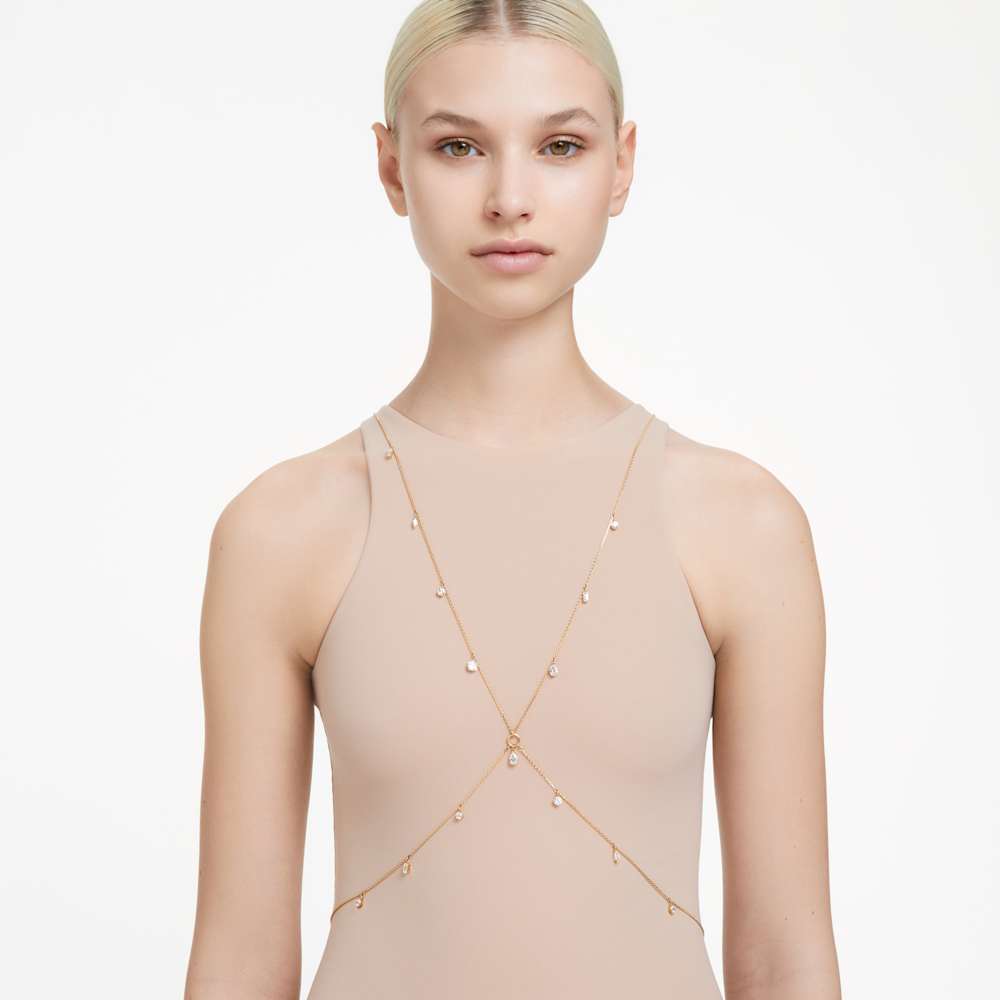 Dextera body chain, Mixed cuts, White, Goldtone plated Swarovski