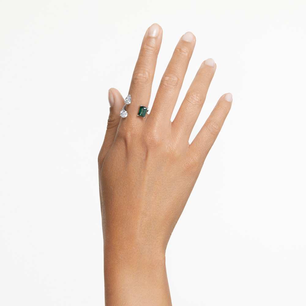 Mesmera open ring, Mixed cuts, Green, Rhodium plated Swarovski
