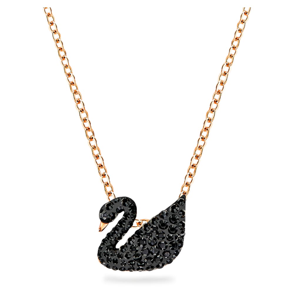 Swan pendant, Swan, Black, 18K rose gold finish | Swarovski