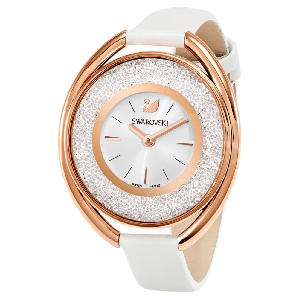 Crystalline Oval Watch Leather Strap White Rose Gold Tone Pvd