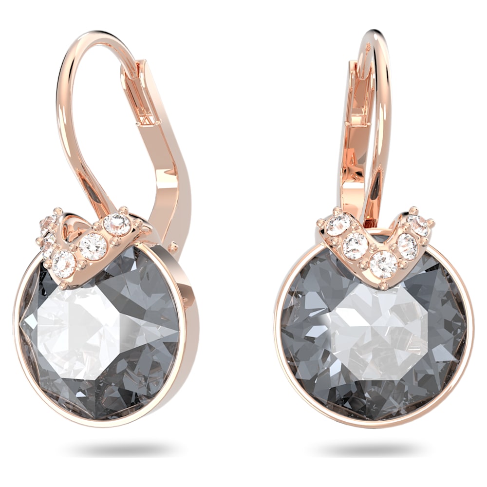 Bella V drop earrings, Round cut, Gray, Rose gold-tone plated