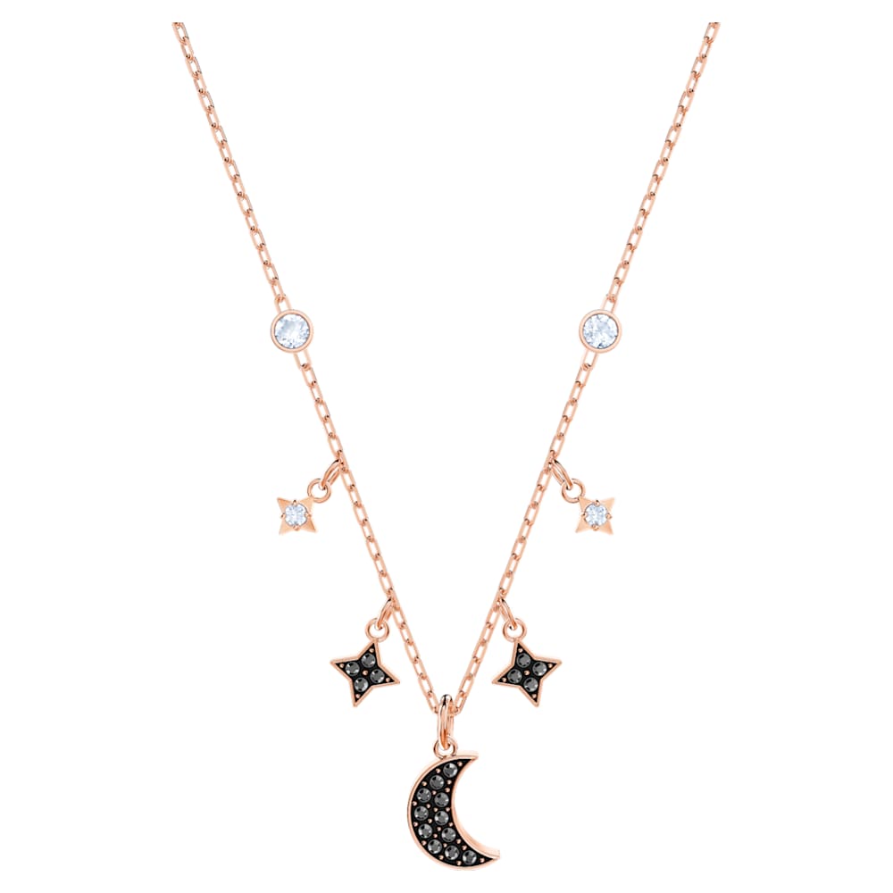 Swarovski Symbolic necklace, Moon and star, Black, Rose gold-tone 