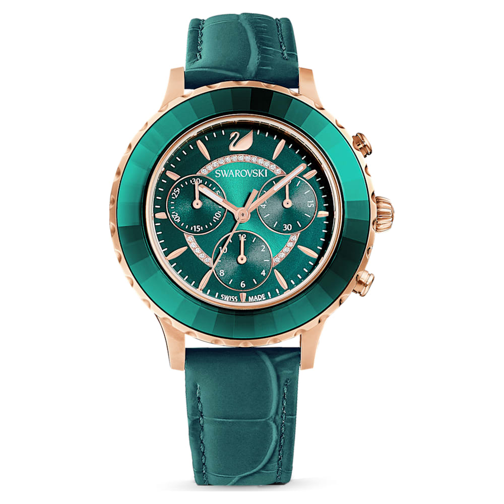 Octea Lux Chrono watch, Swiss Made, Leather strap, Green, Rose gold-tone  finish