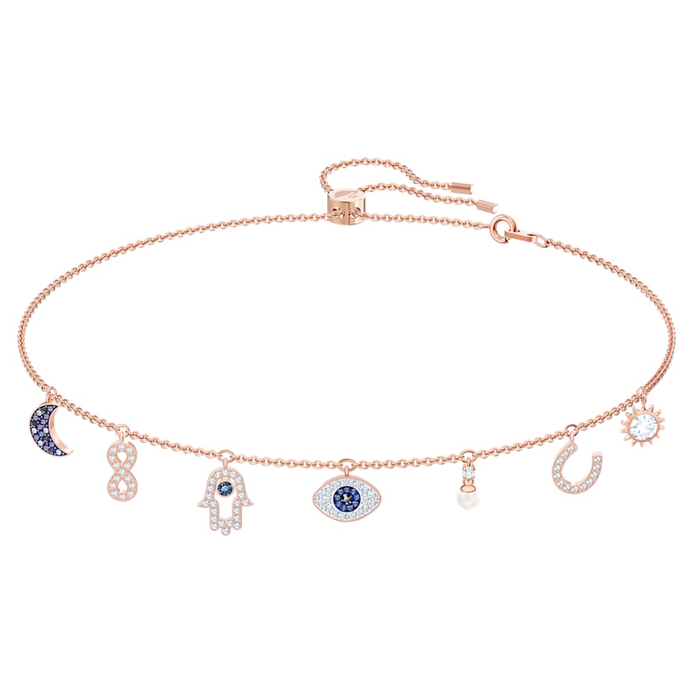 Swarovski Symbolic necklace, Moon, infinity, hand, evil eye and
