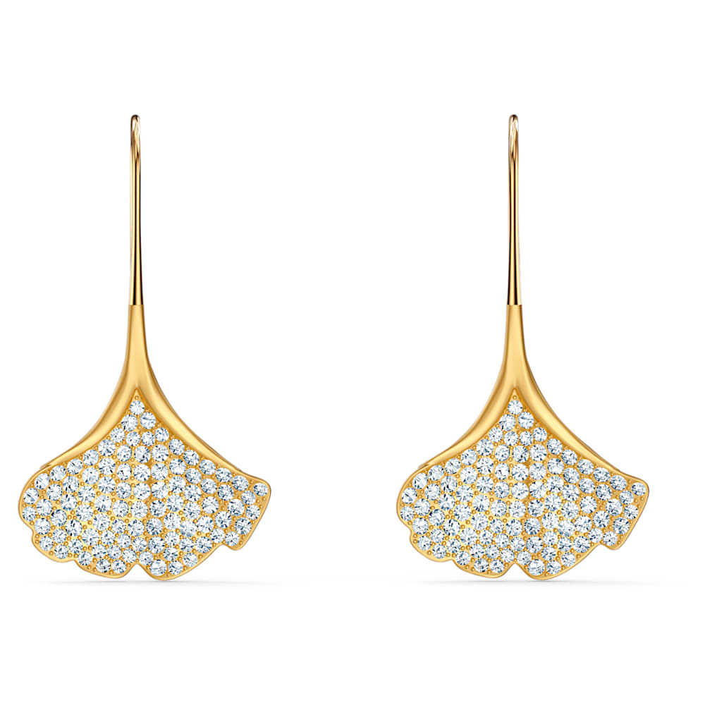 Stunning Gingko Pierced Earrings, White, Gold-tone plated