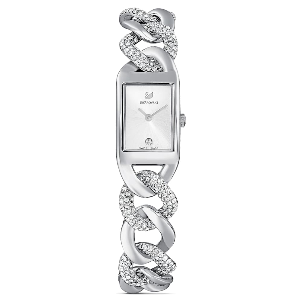 Cocktail Watch Swiss Made Pavé Metal Bracelet Silver Tone Stainless Steel Swarovski