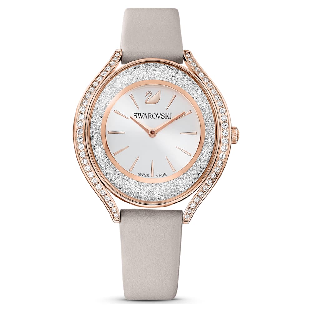 Crystalline Aura Watch, Leather strap, Gray, Rose-gold tone PVD ...