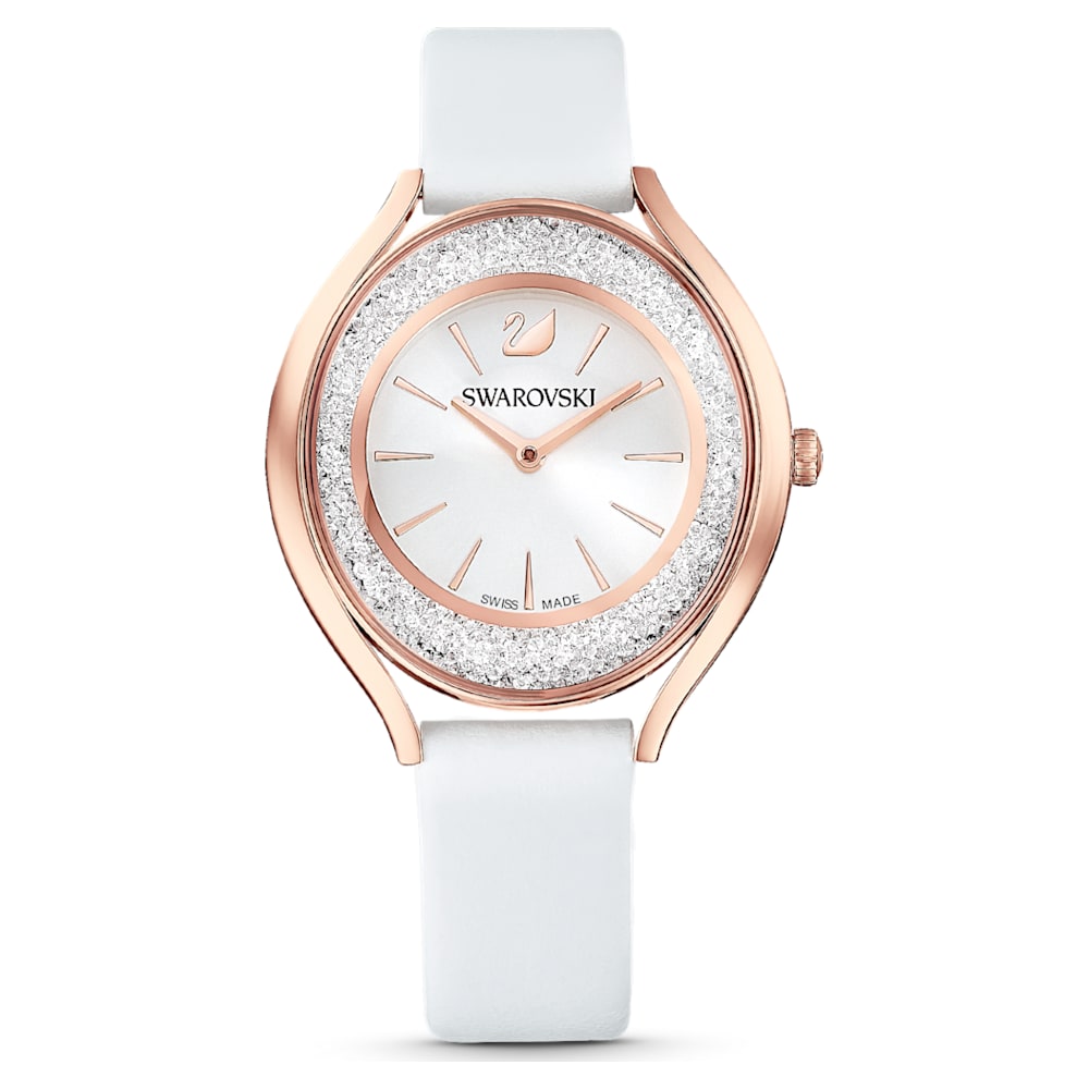 Crystalline Aura Watch, Leather strap, White, Rose-gold tone PVD