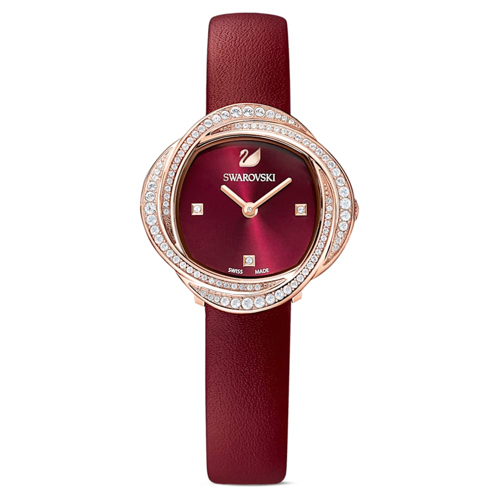 Crystal Flower horloge, Lederen band, Rood, Roségoudkleurig PVD |  Swarovski.com