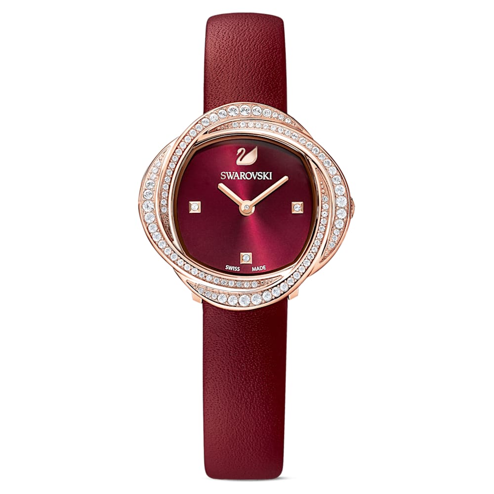 Crystal Flower watch, Leather strap, Red, Rose gold-tone finish