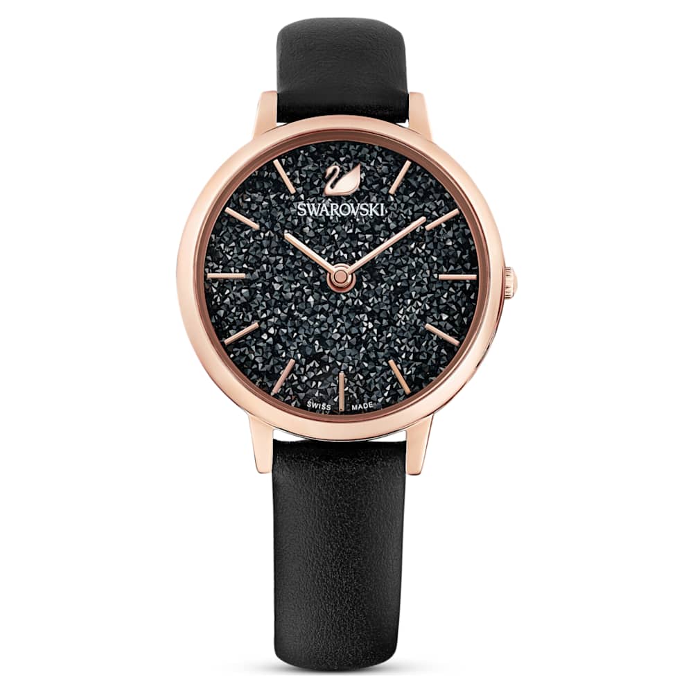 Orologio Crystalline Joy, Cinturino in pelle, Nero, Finitura in tono oro  rosa | Swarovski