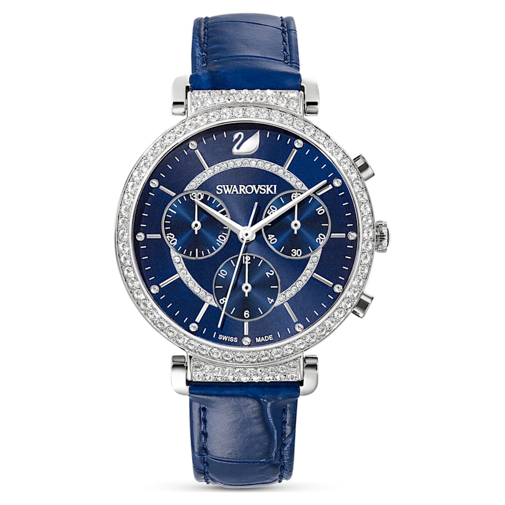 Passage Chrono watch, Leather strap, Blue, Stainless steel