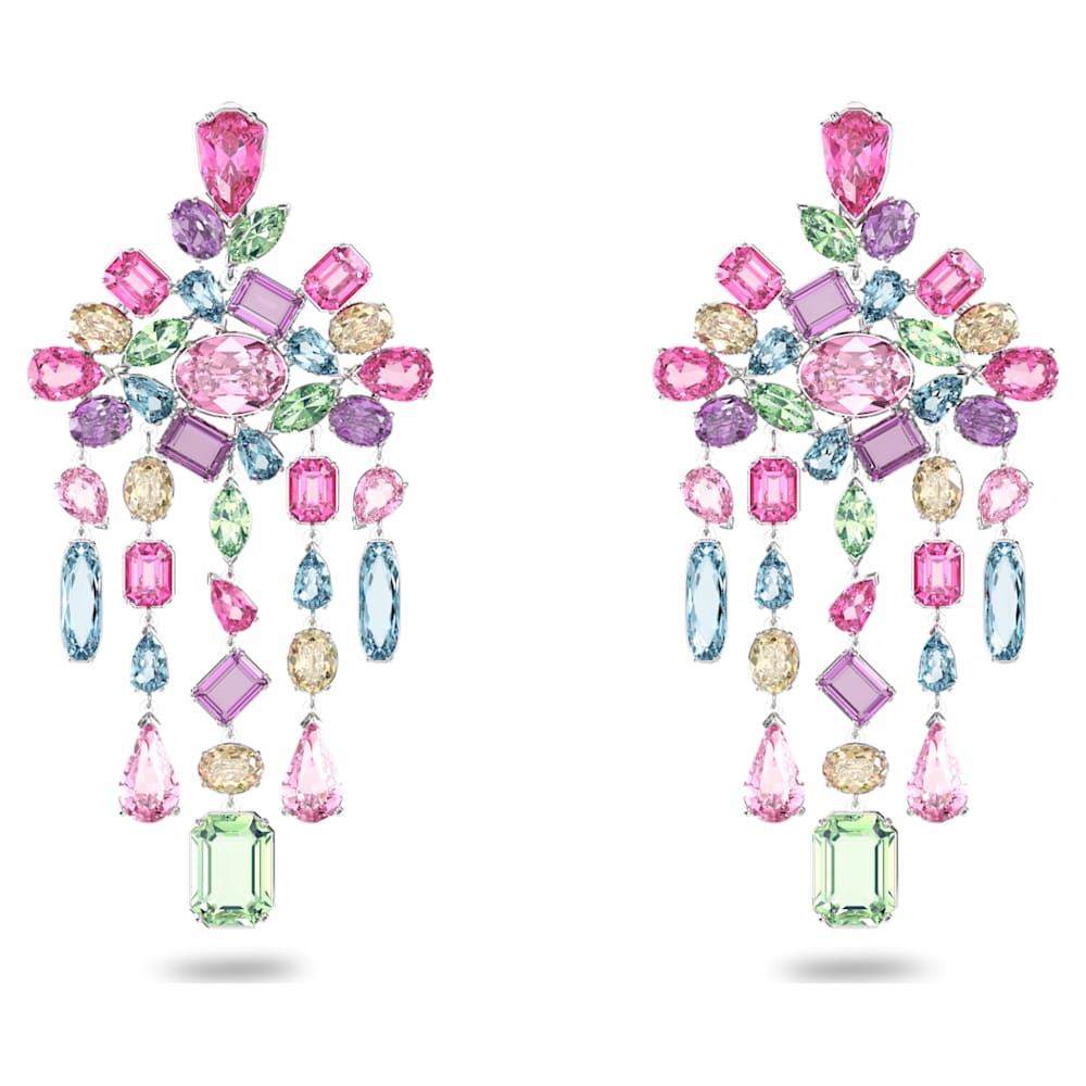 Gema clip earrings, Chandelier, Multicolored, Rhodium plated Swarovski