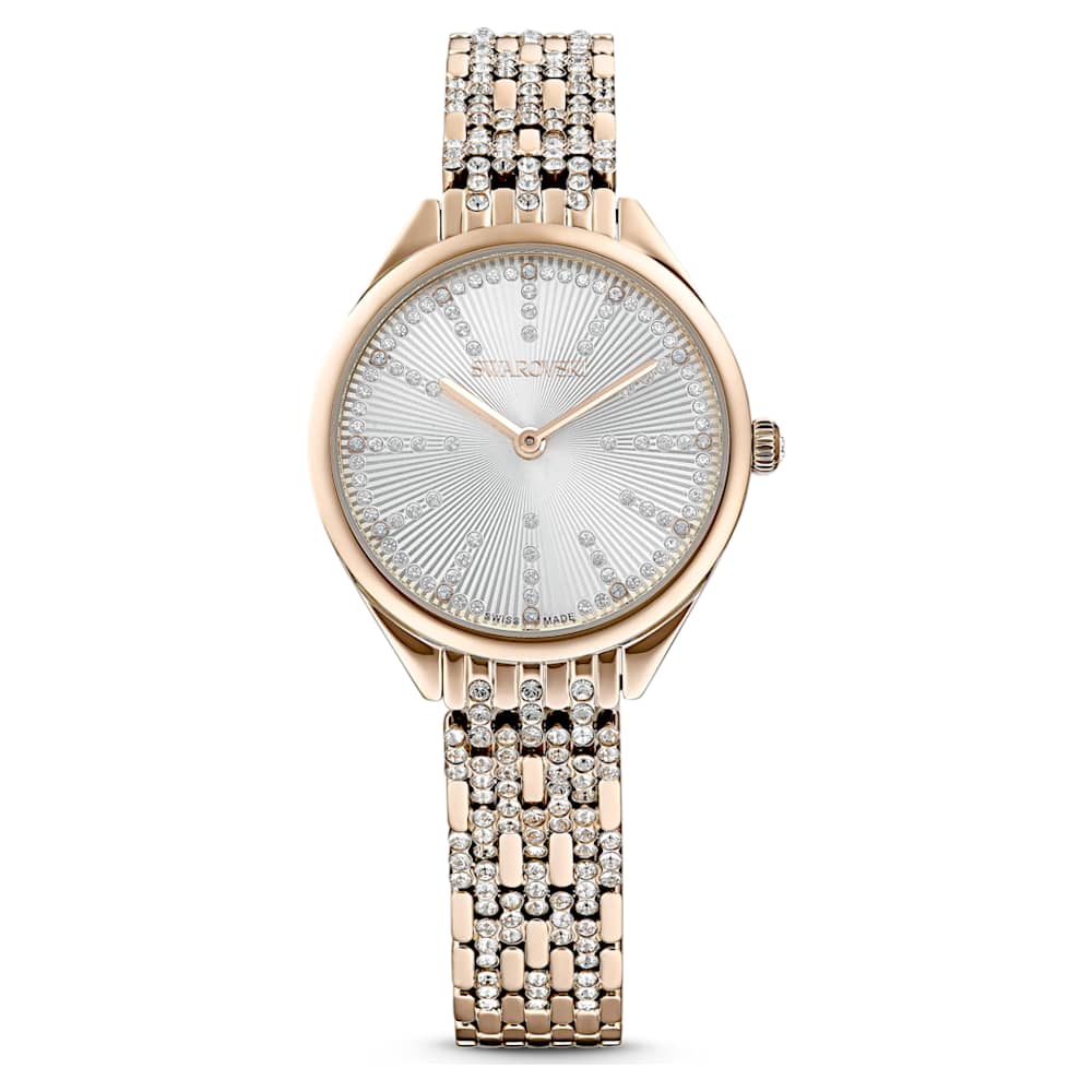 Attract watch, Swiss Made, Pavé, Crystal bracelet, Gold tone, Champagne  gold-tone finish