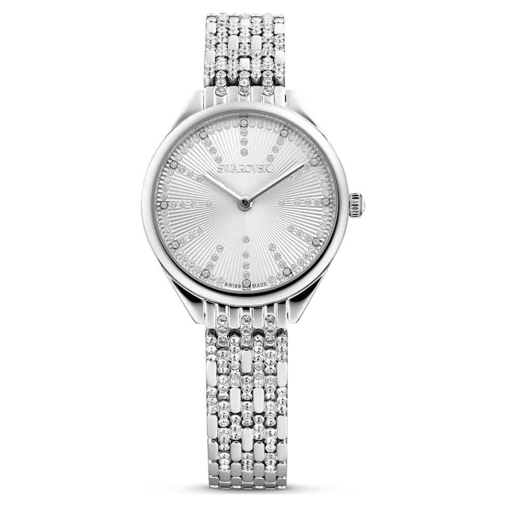 Attract watch, Swiss Made, Pavé, Metal bracelet, Silver tone 
