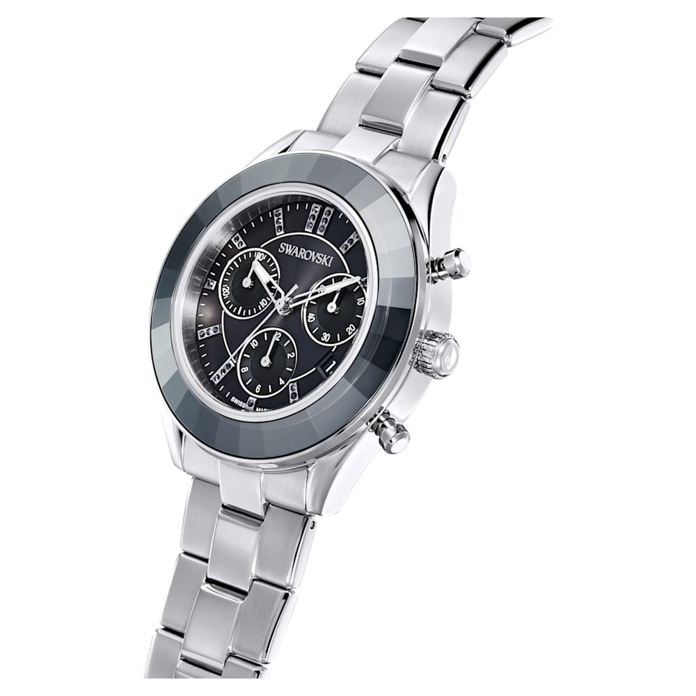 Octea Lux Sport watch, Metal bracelet, Black, Stainless steel Swarovski