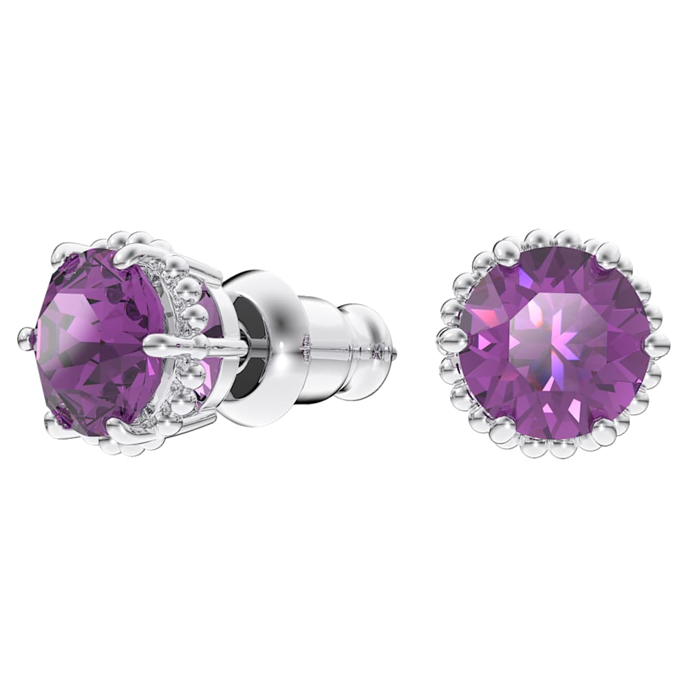 Birthstone stud earrings, Round cut, February, Purple, Rhodium plated | Swarovski