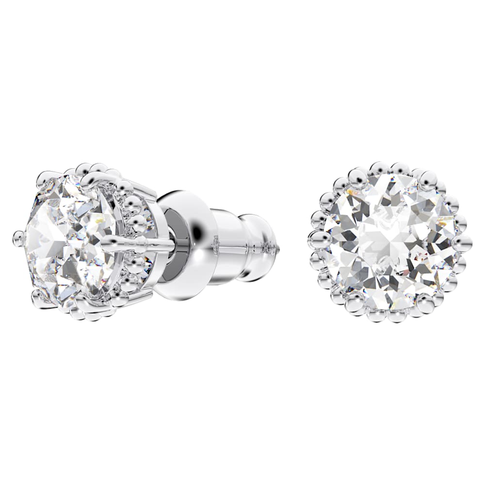 Birthstone stud earrings, Round cut, April, White, Rhodium plated