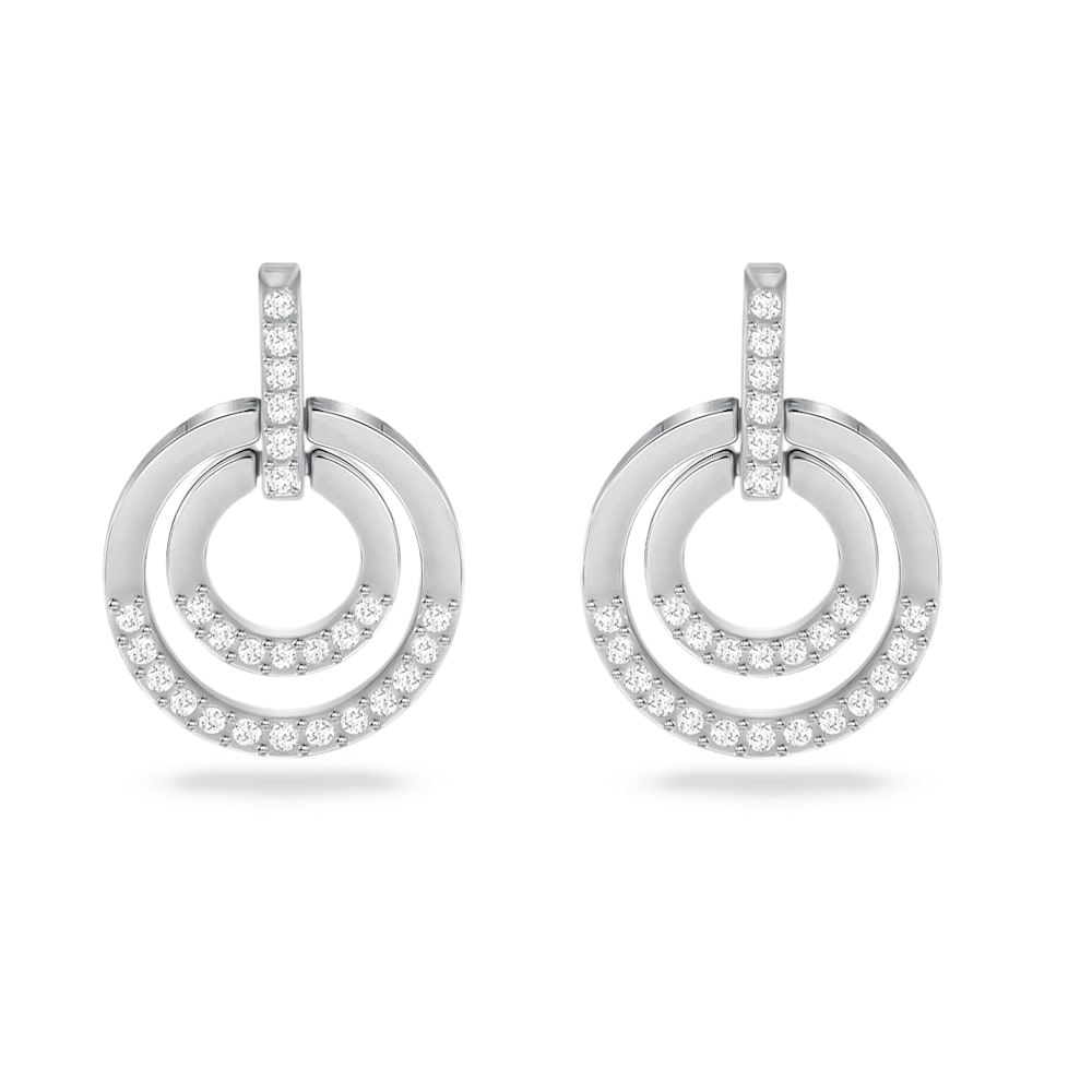 Circle hoop earrings, Round shape, White, Rhodium plated