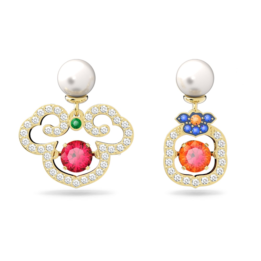 Gratia drop earrings, Asymmetrical design, Multicolored, Gold-tone