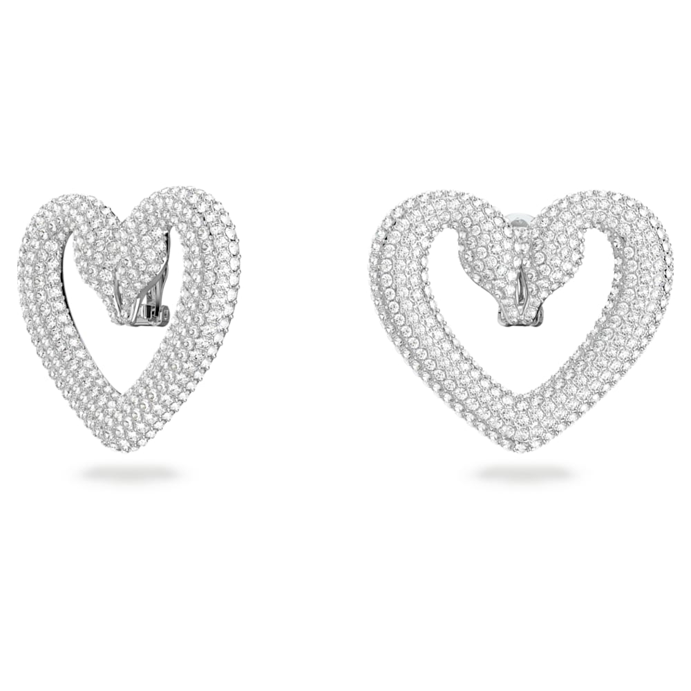 Una clip earrings, Heart, Large, White, Rhodium plated | Swarovski