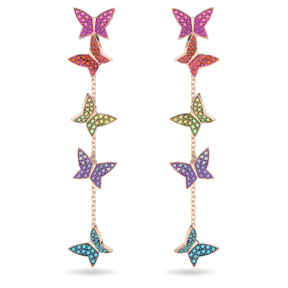 Idyllia Lilia drop earrings, Butterfly, Long, Multicoloured, Rose
