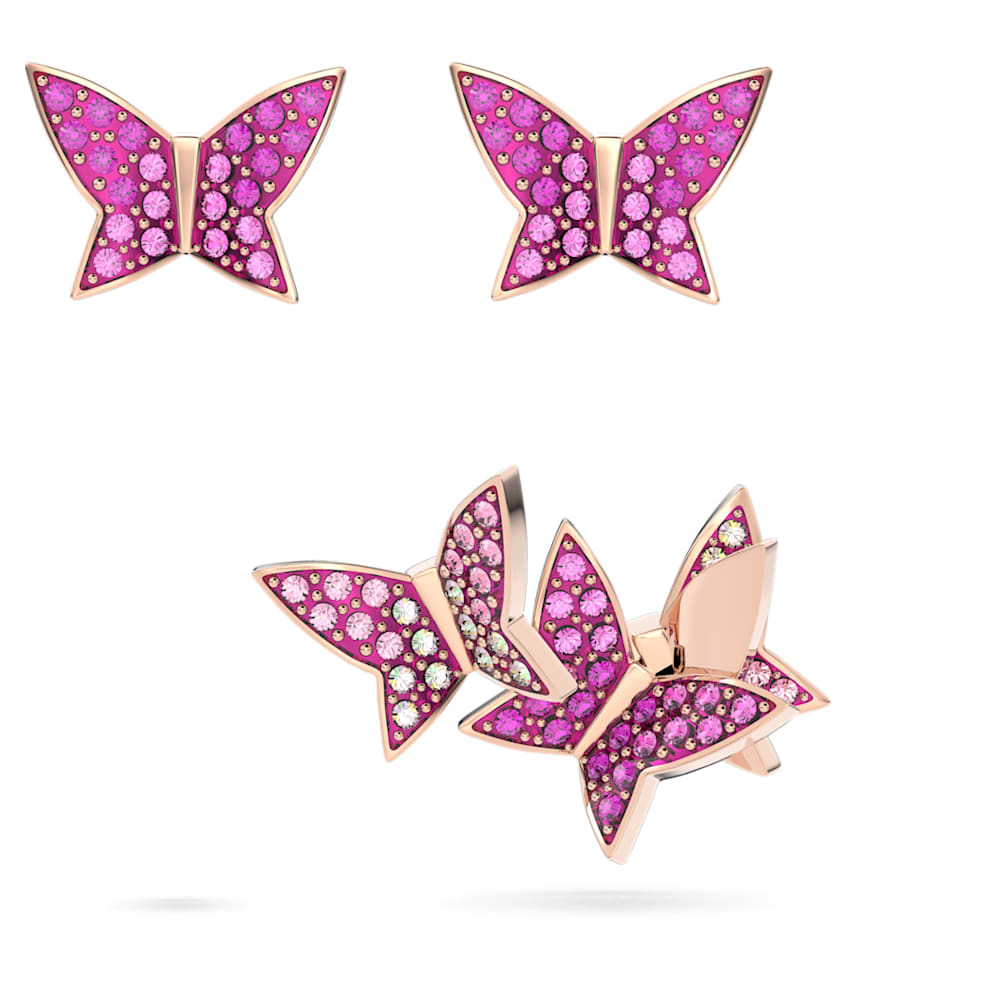 Idyllia Lilia stud earrings, Set (3), Butterfly, Pink, Rose gold 