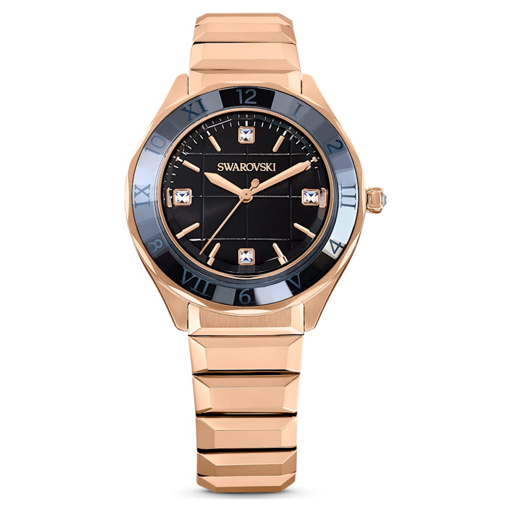 Watch, 37mm, Swiss Made, Metal bracelet, Black, Rose gold-tone finish