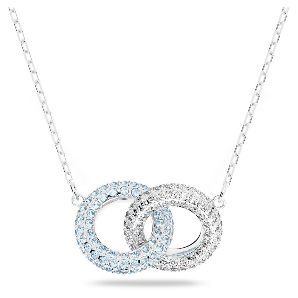 Stone necklace, Pavé, Intertwined circles, Blue, Rhodium plated Swarovski