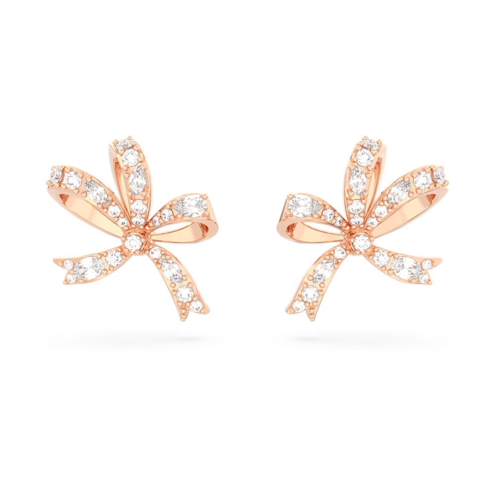 Volta stud earrings, Bow, Small, White, Rose gold-tone plated