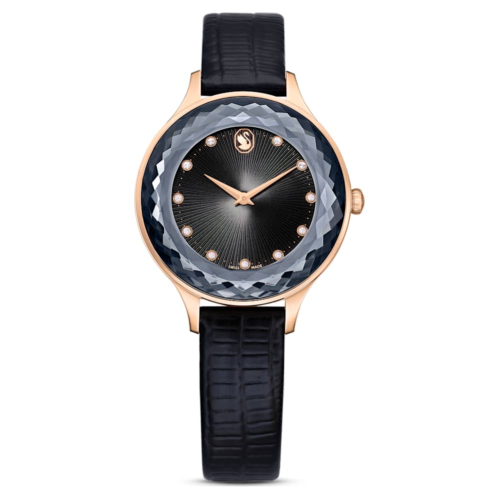 Nova watch, Swiss Made, Leather strap, Black, Rose gold-tone