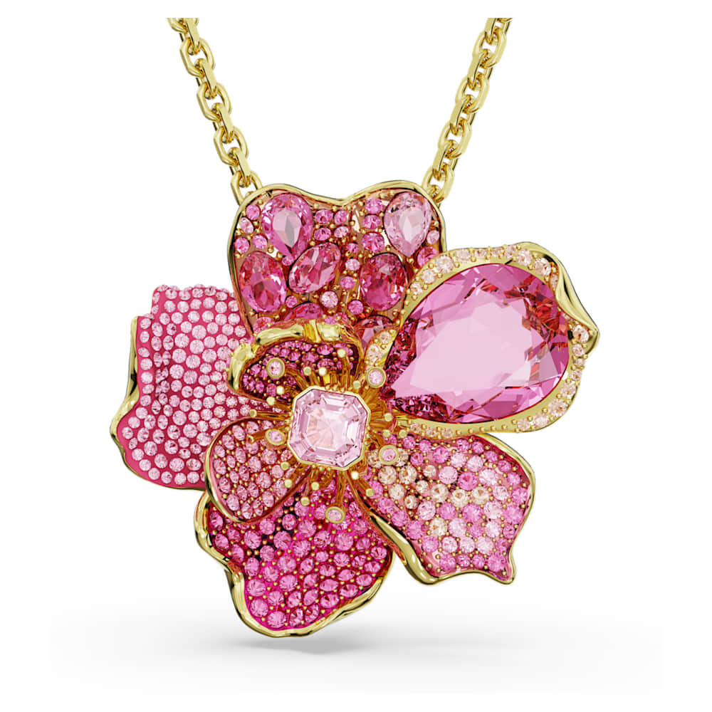 Idyllia pendant and brooch, Pavé, Flower, Pink, Gold-tone plated