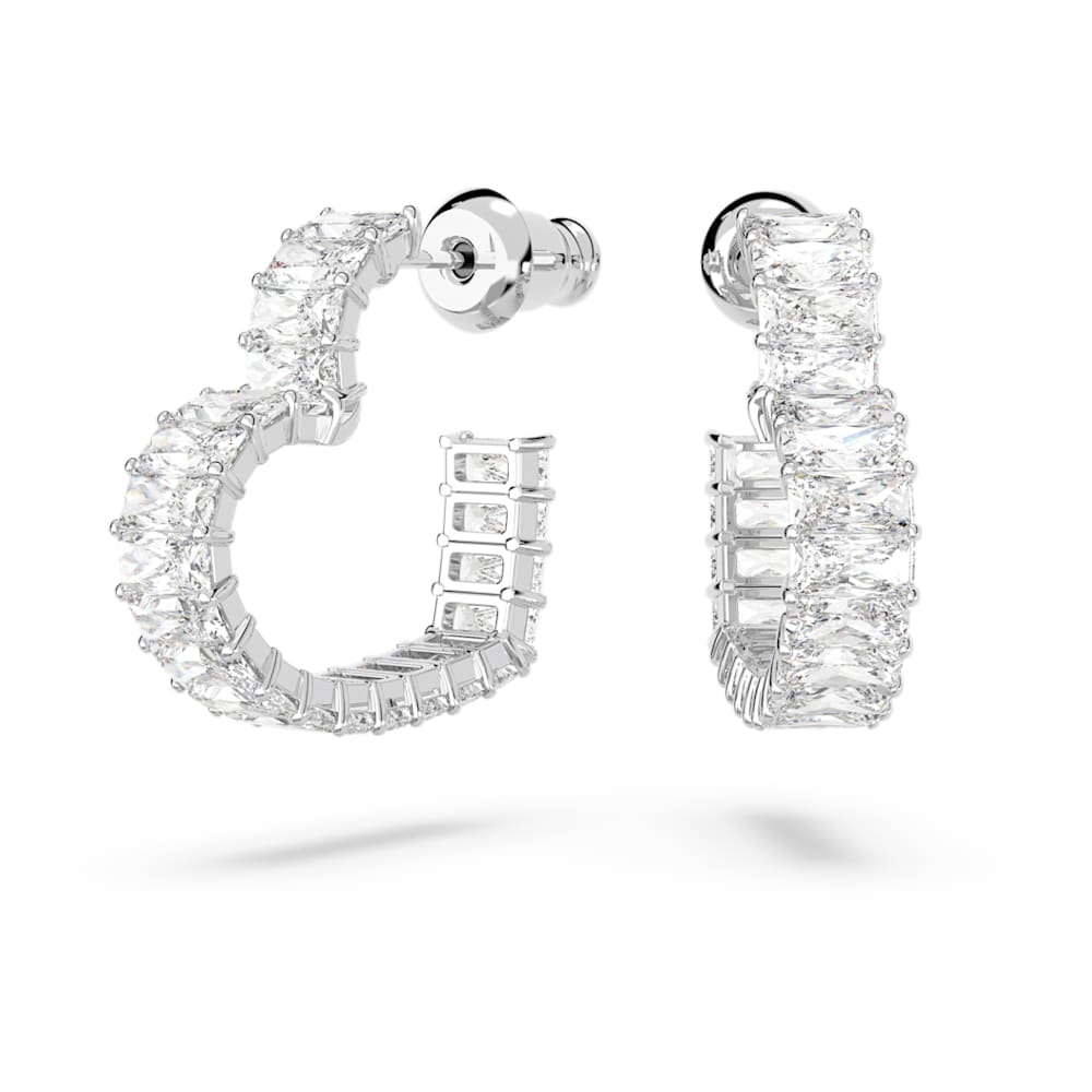 Matrix hoop earrings, Baguette cut, Heart, Small, White Matrix hoop earrings, Baguette cut, Heart, Small, White