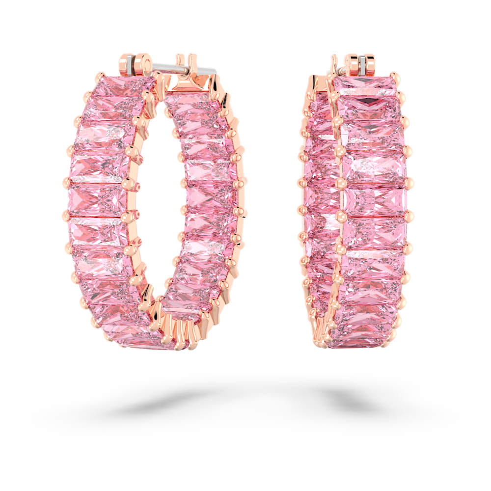 Matrix hoop earrings, Baguette cut, Pink, Rose gold-tone plated | Swarovski