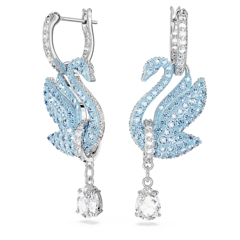 Swarovski Iconic Swan drop earrings, Swan, Blue, Rhodium plated 