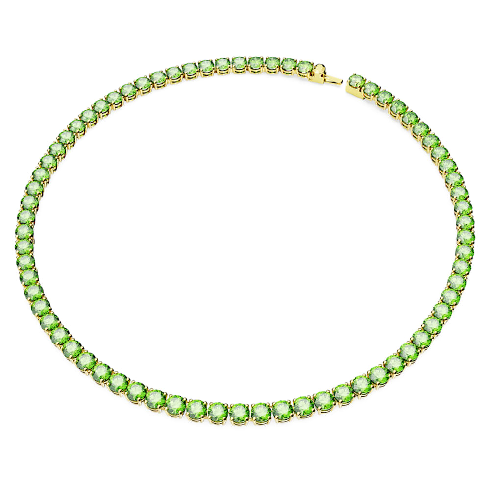 Matrix Tennis necklace, Round cut, Medium, Green, Goldtone plated